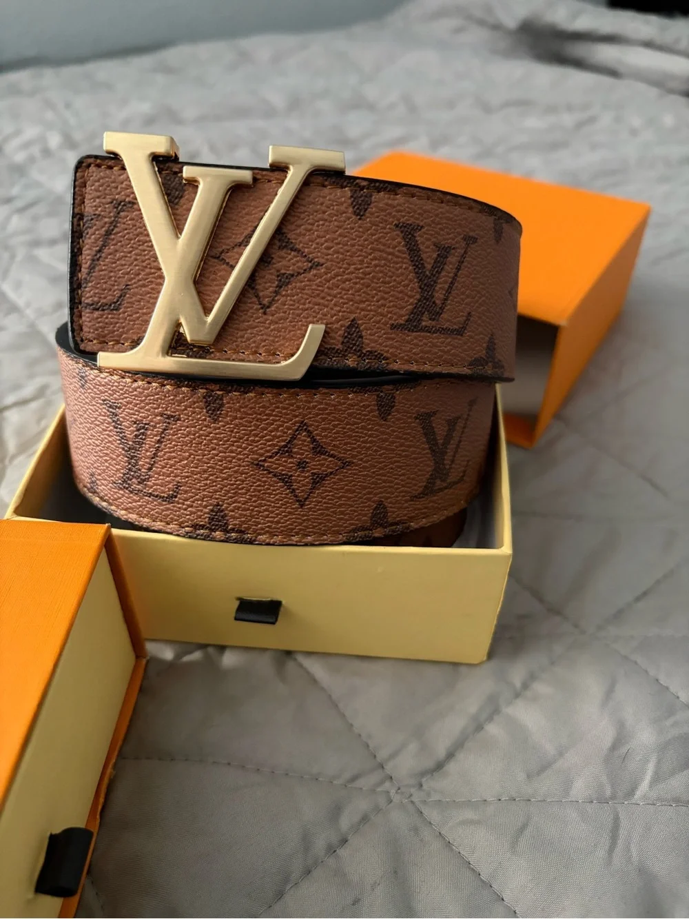 Louis Vuitton Brown Monogram Canvas Belt with Gold LV Buckle